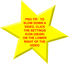 PRO TIP:  TO SLOW DOWN A VIDEO, CLICK THE SETTINGS ICON (GEAR) ON THE LOWER RIGHT OF THE VIDEO